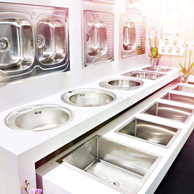 Kitchen sinks in store stock photo. Image of faucet 215397274