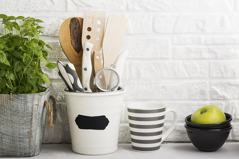 Kitchen Still Life on a White Brick Wall Background Various Cutting