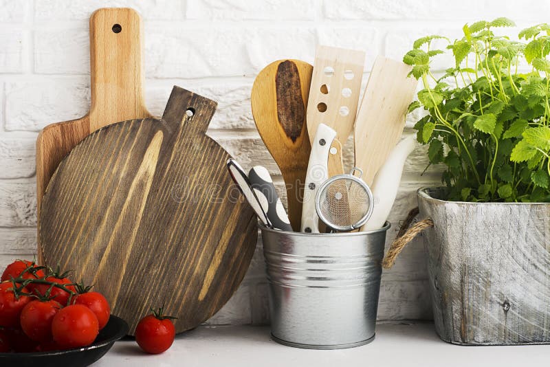 Kitchen Still Life on a White Brick Wall Background Various Cutting