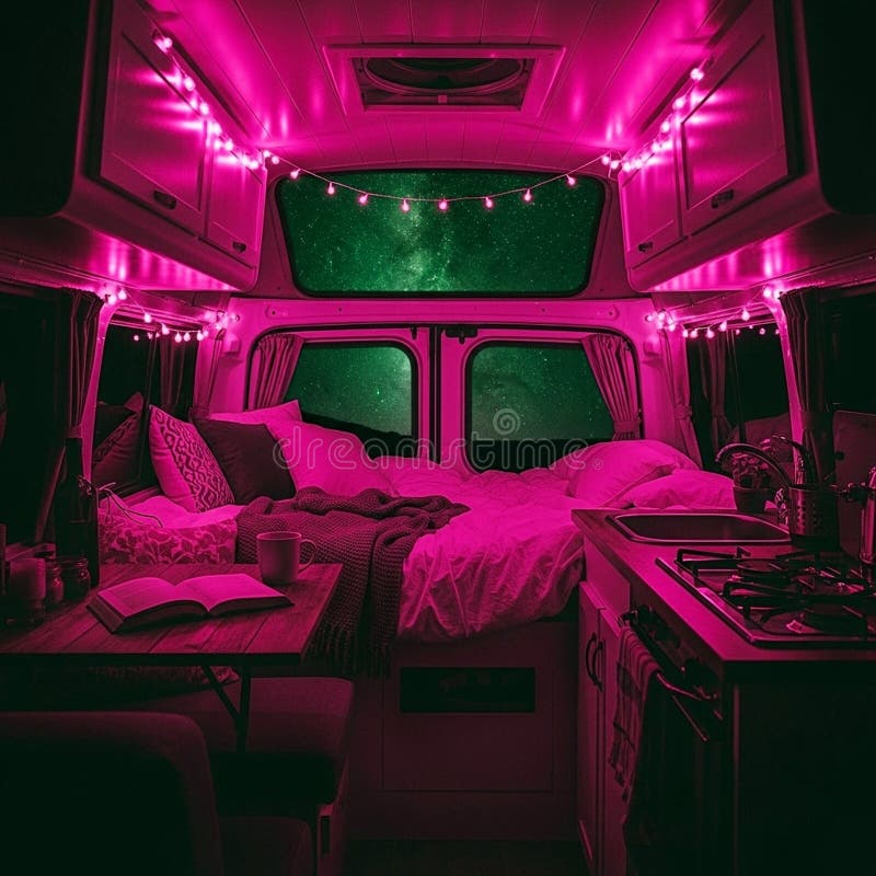 A cozy van interior with vibrant pink LED string lights illuminating the space. The van has a small kitchen with a stove and sink on the right a dining table with a book and mug on the left and a comfortable bed with pillows and a blanket at the back. Large windows reveal a stunning view of the night sky showcasing a vivid green aurora or a star filled galaxy. The ambiance is warm and inviting ideal for a night of stargazing. Sink ideal illustrations