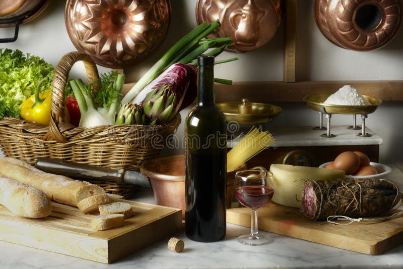 Groceries in Wicker Basket on Kitchen Table Stock Photo - Image of ...