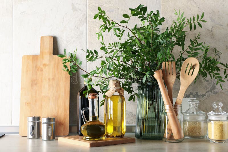Kitchen Table with Different Supplies and Plant Stock Photo Image of