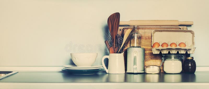 Kitchen Table-top with Rustic Dishes, Table ware, Grocery and Different Stuff. Copy space