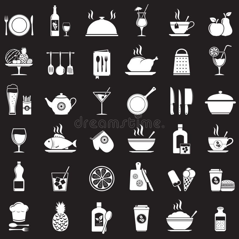 Cooking, Kitchen Tools, Food and Drinks Icons Stock Vector