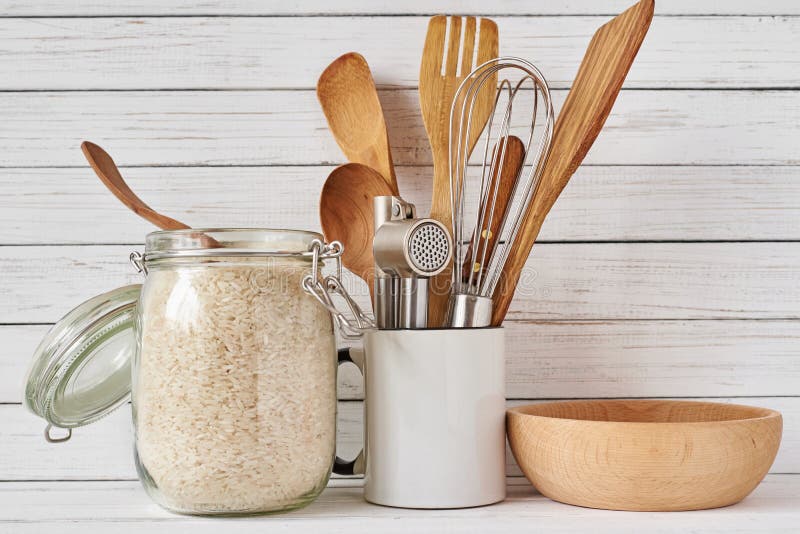 Kitchen Tools and Glass Jar with Rice Stock Image Image of household