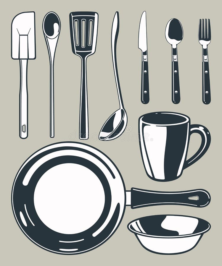 Kitchen Utensil Black and White Vector Graphic Set Stock Vector