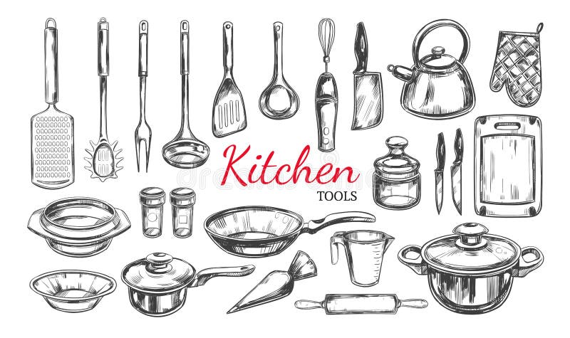 Kitchen Utensils. Sketch Cooking Equipment Stock Vector