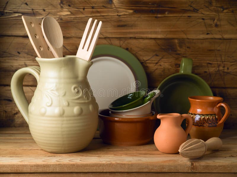 Kitchen Utensils and Ceramic Dishes Stock Image Image of table