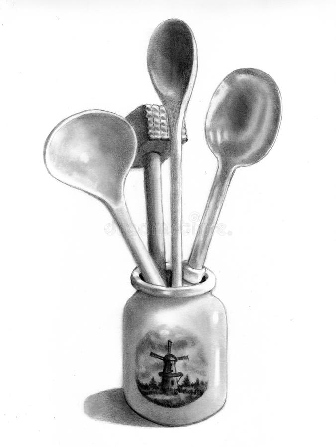 Kitchen Utensils in Dutch Crock, Pencil Drawing Stock Image Image of