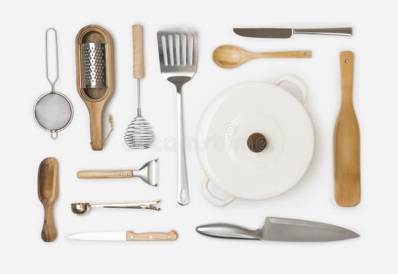 Kitchen Utensils Isolated on White Background, Top View Stock Photo