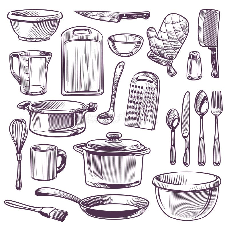 One Line Drawing of Isolated Kitchen Utensils. Cooking Outline Icons Set.  Vector illustration. Stock Vector | Adobe Stock