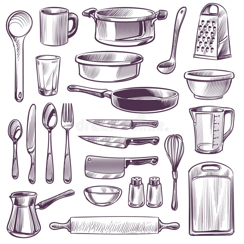 https://thumbs.dreamstime.com/b/kitchen-utensils-sketch-cooking-tools-pan-knife-fork-spoon-grater-cup-glass-cutting-board-hand-drawing-kitchen-164207393.jpg