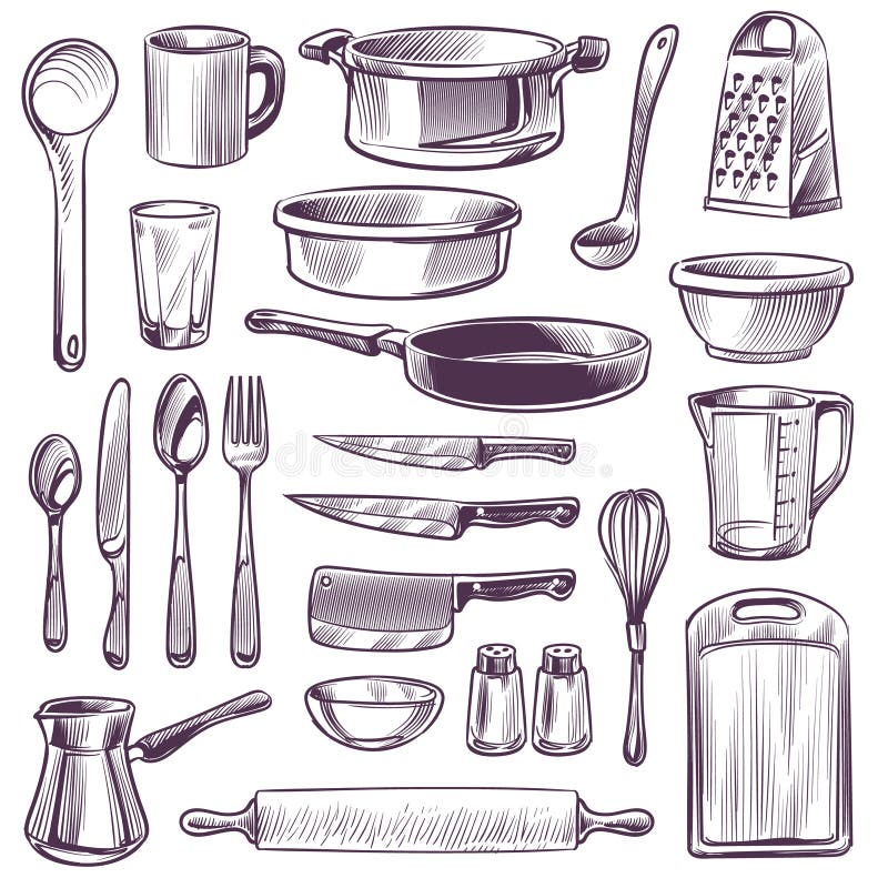 Kitchen utensils illustrations set. Cooking, dinner service, with names.  Black silhuettes of kitchenware with white outlines. Stock Vector