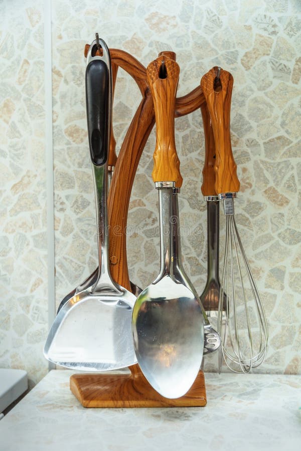 Kitchen Utensils on a Stand on Table Stock Photo Image of drainer