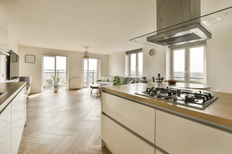 a modern kitchen with wood flooring and stainless steel range hoods on the stovetop in this home&#x27;s living room. a modern kitchen with wood flooring and stainless steel range hoods on the stovetop in this home&#x27;s living room