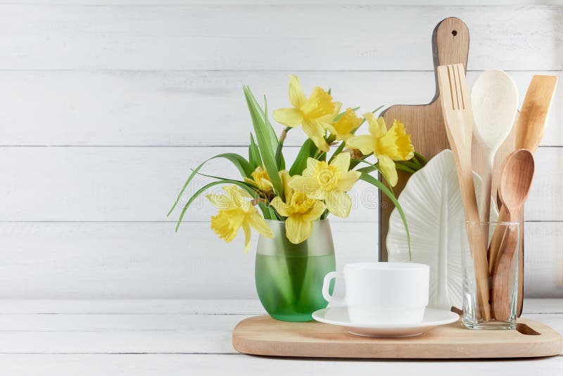 Download Kitchen Wide Banner Concept Kitchen Background For Mockup With Spoon Teapot Cups Bowls Flowers On Wooden Table Stock Image Image Of Bakery Mockup 183603505