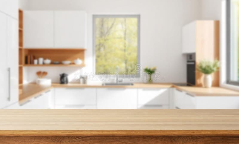 Kitchen wood table top for product display with blurred modern interior. stock photography