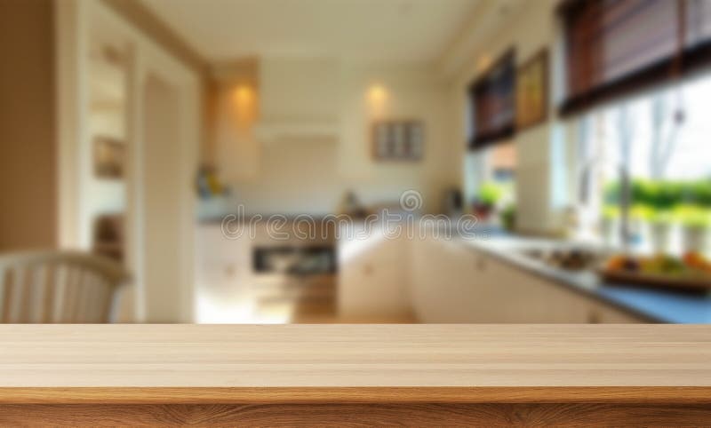Kitchen wood table top for product display with blurred modern interior. stock image