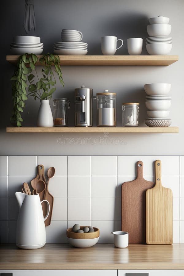 Kitchen with Wooden Shelves and Pots and Pans. Generative AI Stock