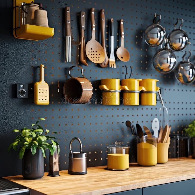 Kitchen with Yellow Pots and Pans Hanging on a Pegboard Wall 3d