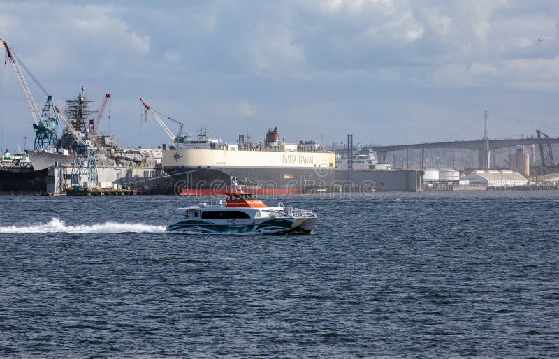 A Kitsap Fast Ferry departs the Port of Seattle royalty free stock photography