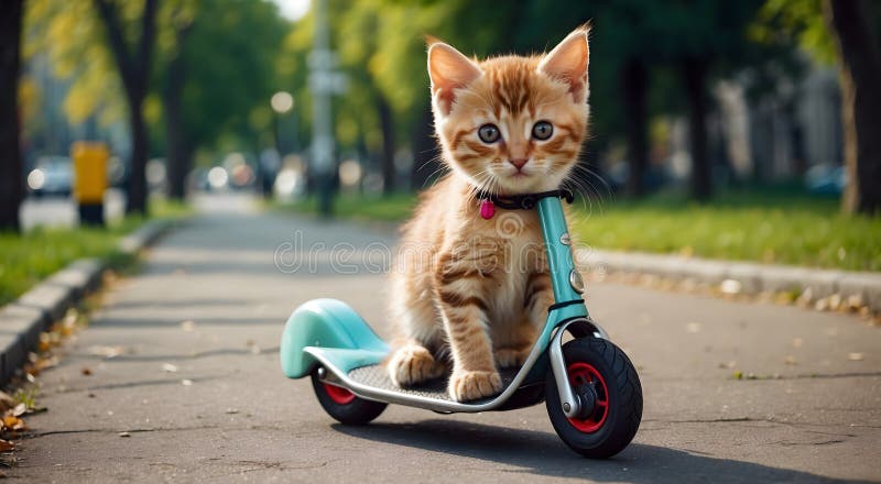Kitten auf einem süßen Scooter kleinen Kätzchen fröhlich reiten ein lebendiger Roller vektor abbildung