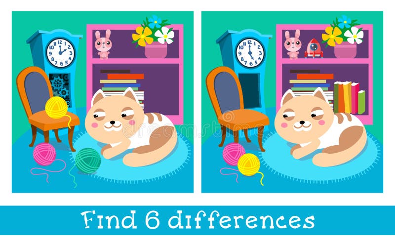 Kitten and balls of thread in room. Characters in cartoon style with background. Find 6 differences. Game for children
