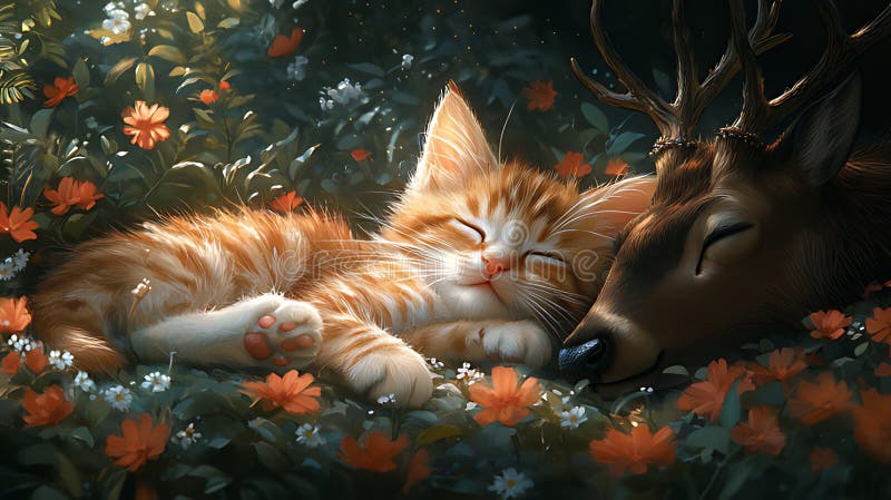 Kitten cerf forêt nap floral fantasy art illustration de vecteur