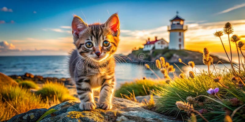 Kitten Kitten har spelat Mackerel Tabby och utforskar Festive Lime Kiln Lighthouse på San Juan Island Washington State A Charming vektor illustrationer