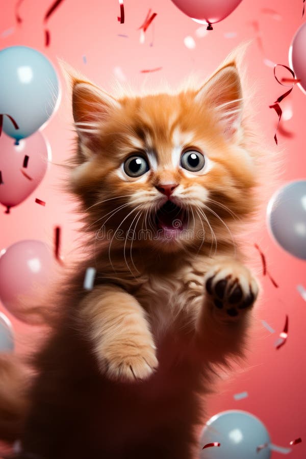 Kitten is jumping up and down with balloons and confetti. Generative AI. AI generated