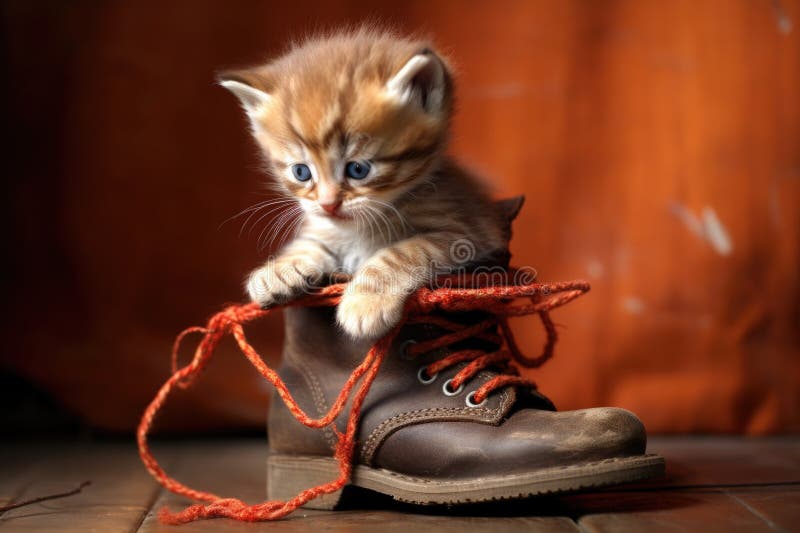 kitten playing with shoelaces on a boot, created with generative ai AI generated