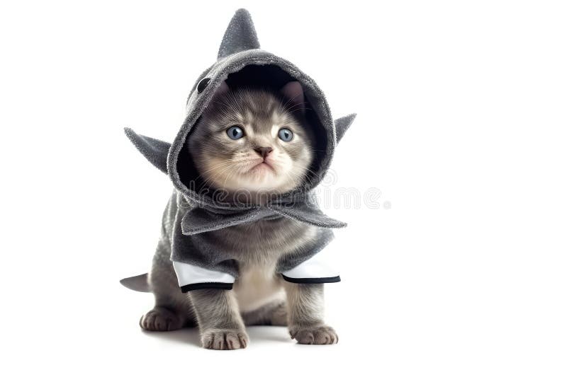 Kitten in Shark Costume on White Background. Generative AI Stock