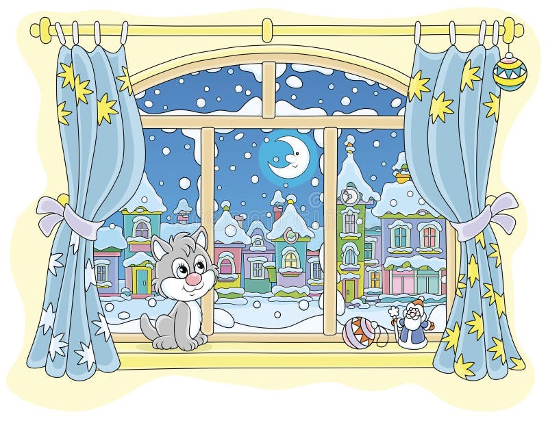 Kitten Sieht Den Mond Durch Ein Fenster An Vektor