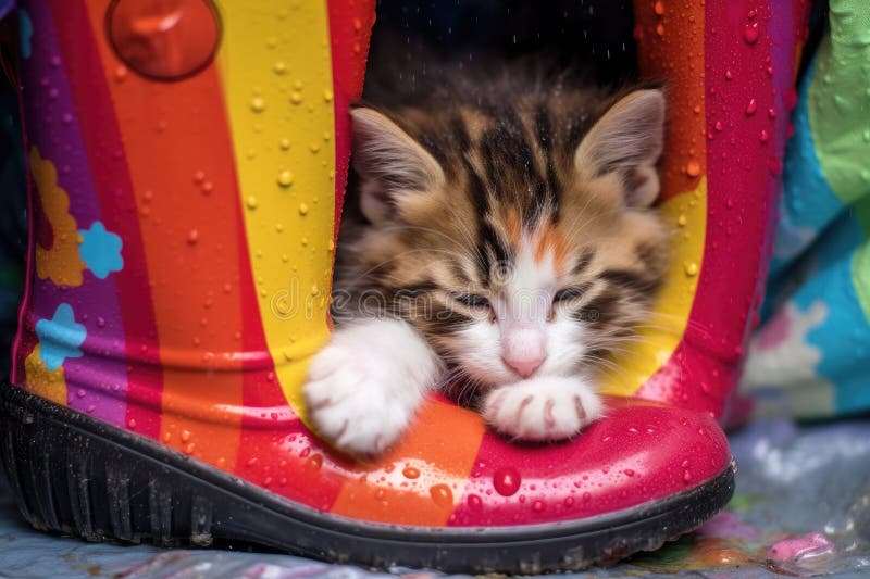 kitten sleeping inside a colorful rain boot, created with generative ai AI generated