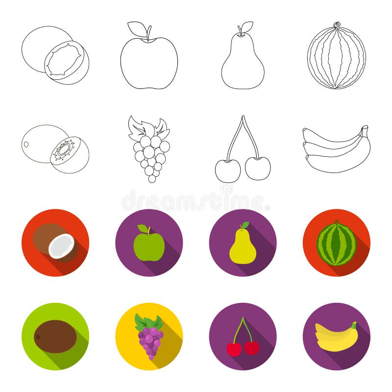 Kiwi, druiven, kers, banaan Vruchten geplaatst inzamelingspictogrammen in overzicht, flet Web van de de voorraadillustratie van h stock illustratie Kiwi, druiven, kers, banaan Vruchten geplaatst inzamelingspictogrammen in overzicht, flet Web van de de voorraadillustratie van h stock illustratie