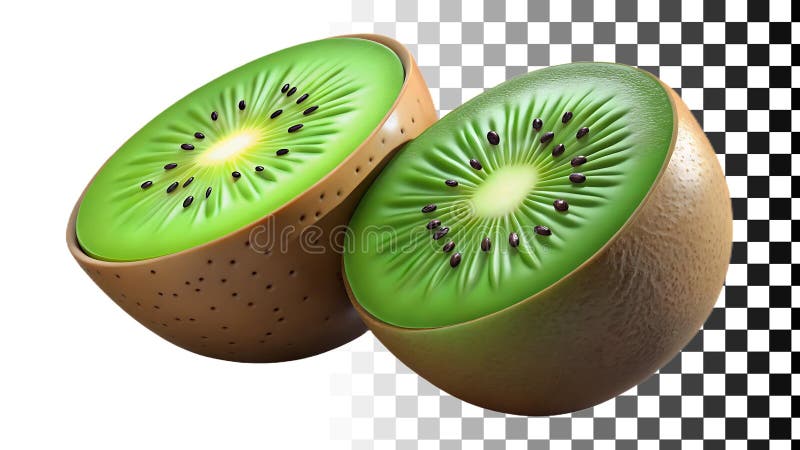Kiwi freschi interi e dimezzati in fette, con semi trasparente immagine Generative AI illustrazione di stock
