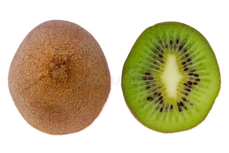 Kiwi fruit cut on two isolated on white background top view. Pulp and skin of kiwi