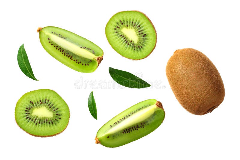 kiwi fruit with slices and green leaves isolated on a white background. top view