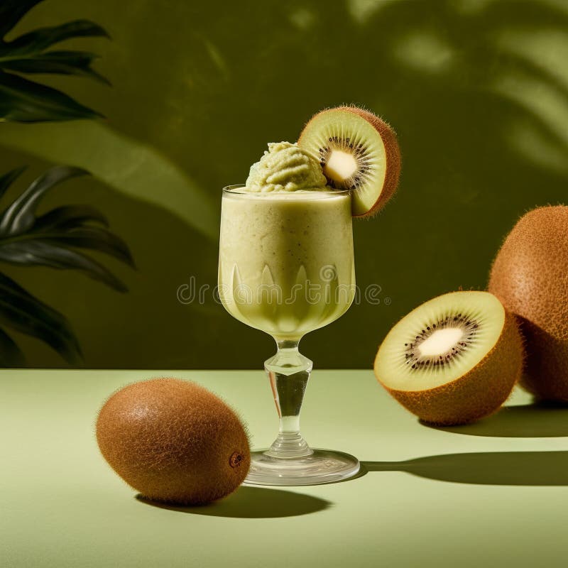 Kiwi Ice cream in a dessert glass in a studio with a yellow background with mango leaves. Beautiful composition of a kiwi ice vector illustration