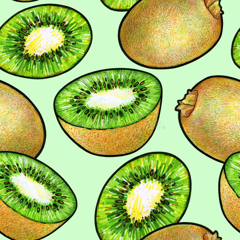 Kiwi verde isolato su fondo verde Disegno di scarabocchio del kiwi Reticolo senza giunte illustrazione di stock