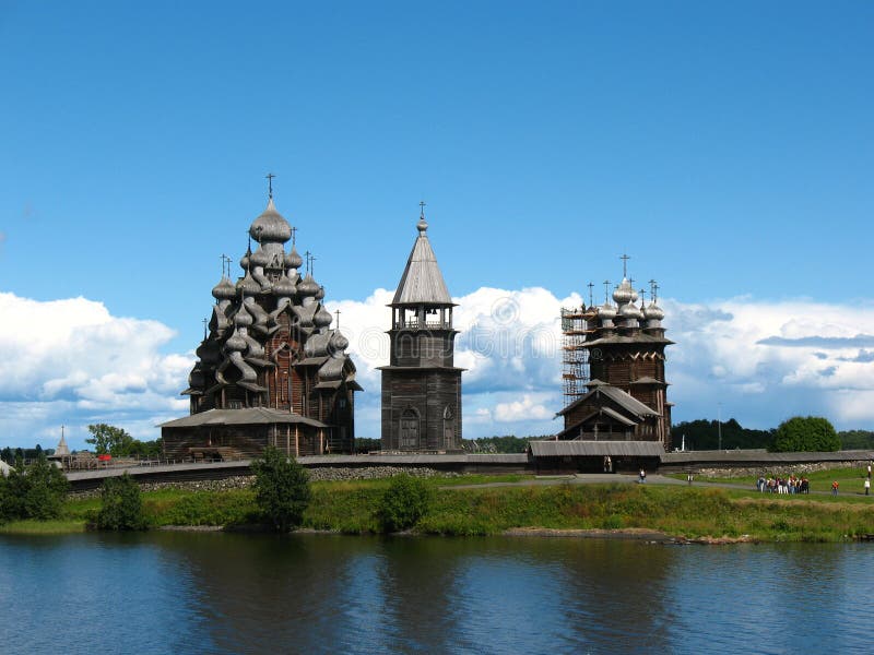 Onega lake. Archipelago of Kizhi. Picturesque landscape. North forest island. Summer. Historical museum ensemble.