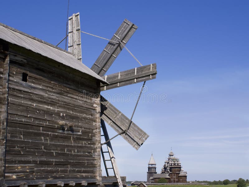 Kizhi. A windmill and Preobrazhenskiy church