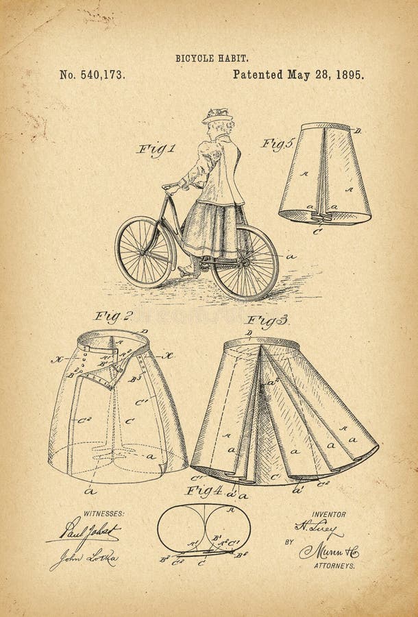 Kjol för dräkt för 1895 för patenterad för Velocipedevictorianmode för stil historia för cykel gotisk för dräkt kläder för klänni stock illustrationer Kjol för dräkt för 1895 för patenterad för Velocipedevictorianmode för stil historia för cykel gotisk för dräkt kläder för klänni stock illustrationer