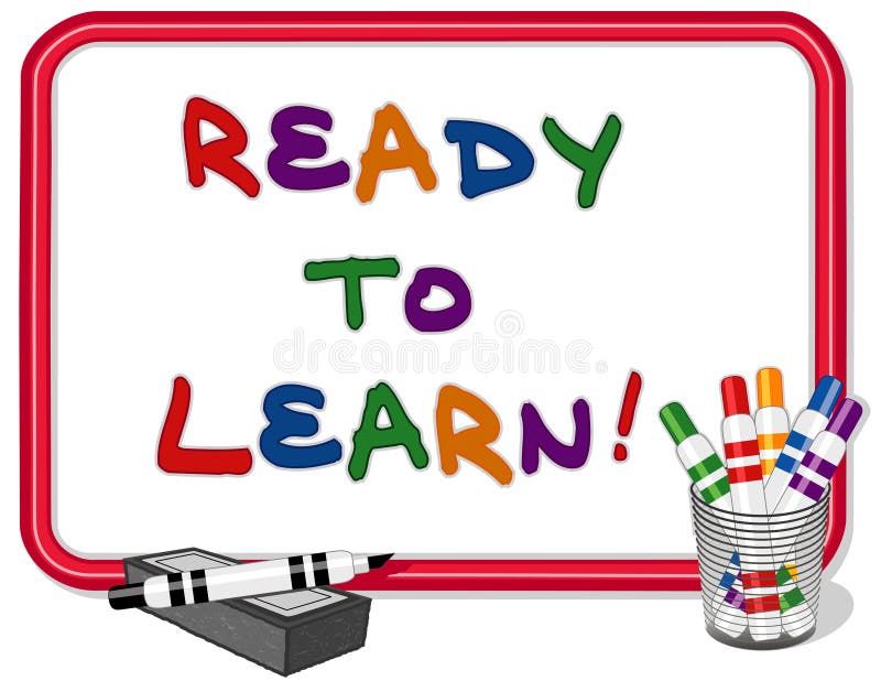 Ready to Learn text on red frame whiteboard with multicolored marker pens and dry eraser. For daycare, preschool, kindergarten, grade school. EPS8 compatible. Ready to Learn text on red frame whiteboard with multicolored marker pens and dry eraser. For daycare, preschool, kindergarten, grade school. EPS8 compatible.