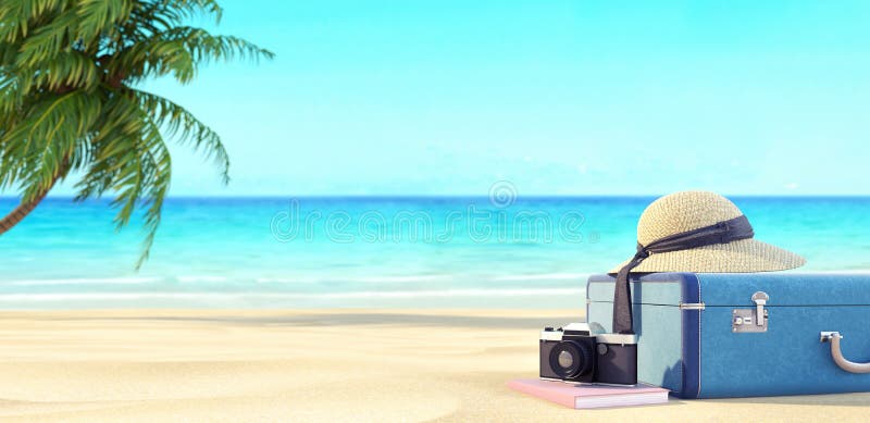 Klaar voor de zomervakantie, reis geven de achtergrond, het Strand met palm en 3D koffers, terug vector illustratie Klaar voor de zomervakantie, reis geven de achtergrond, het Strand met palm en 3D koffers, terug vector illustratie