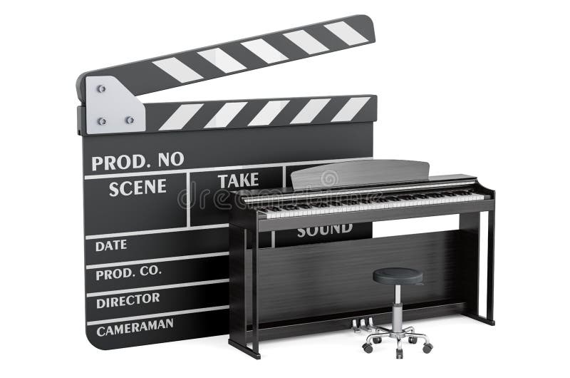 Clapperboard with digital piano, 3D rendering isolated on white background. Clapperboard with digital piano, 3D rendering isolated on white background