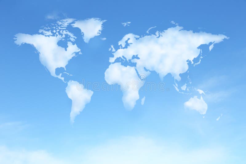 Klarer blauer Himmel mit Weltkarte in der Wolkenform stock abbildung Klarer blauer Himmel mit Weltkarte in der Wolkenform stock abbildung