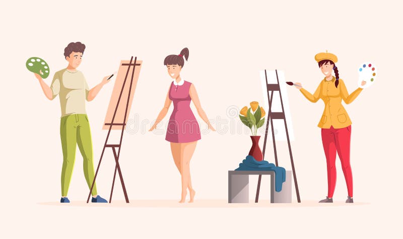 Klasa sztuki ciągnąca lekcje malarze mężczyzny i kobieta czerpią z natury kobiecy modelowy wazon ilustracja wektor