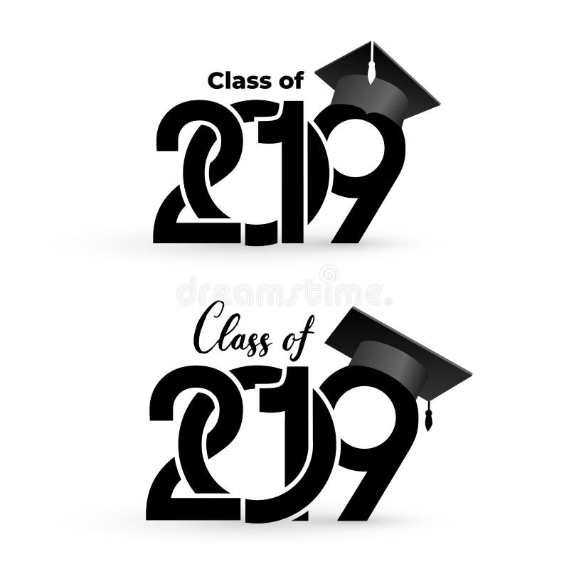 Class of 2019 with graduation cap. Text design pattern. Vector illustration. Isolated on white background. Class of 2019 with graduation cap. Text design pattern. Vector illustration. Isolated on white background.