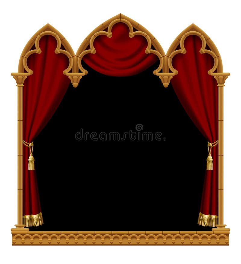 Klassiek gotisch architecturaal decoratief kader met rood gordijn o stock illustratie Klassiek gotisch architecturaal decoratief kader met rood gordijn o stock illustratie